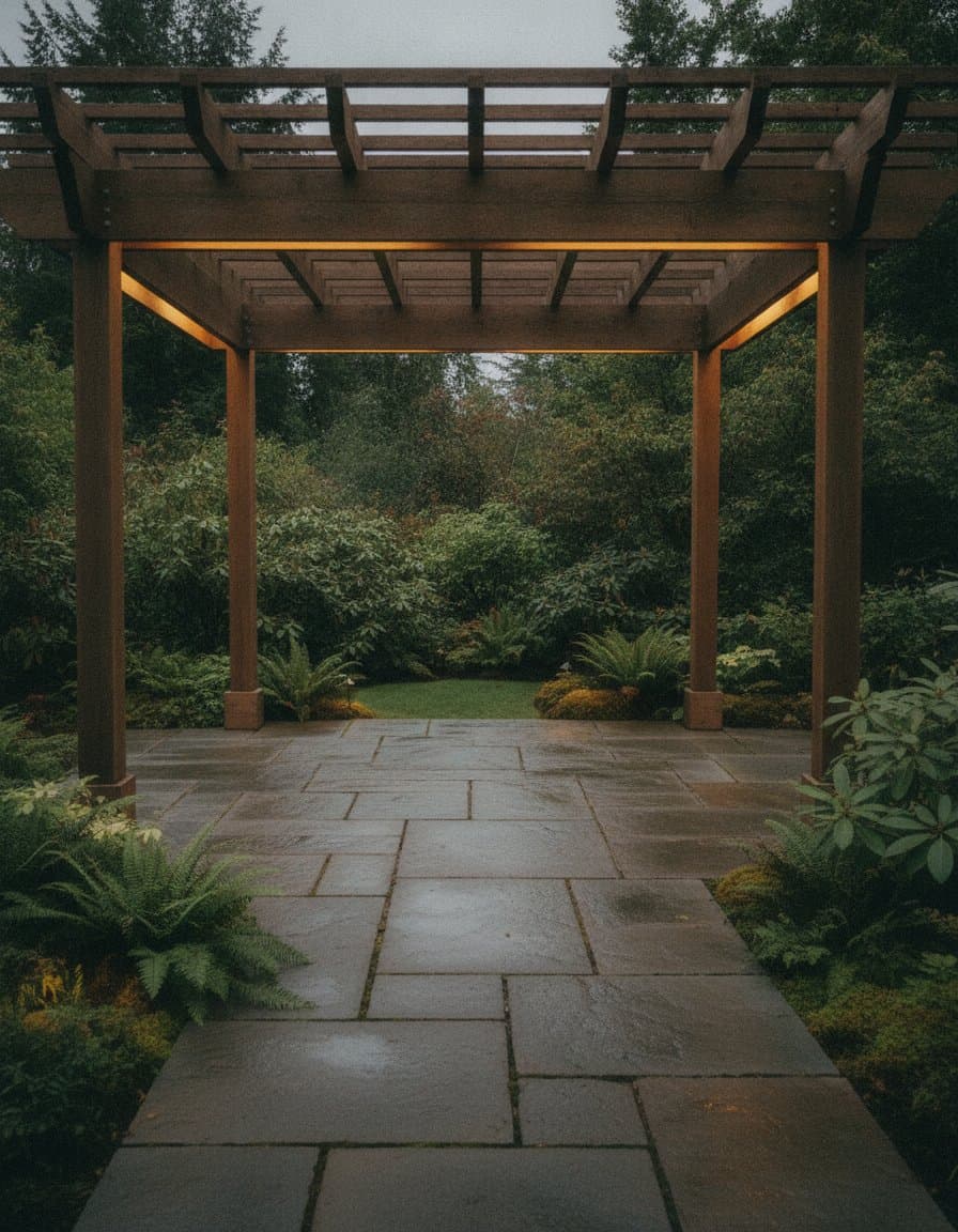 A finished backyard with stone patio and timber pergola at dusk