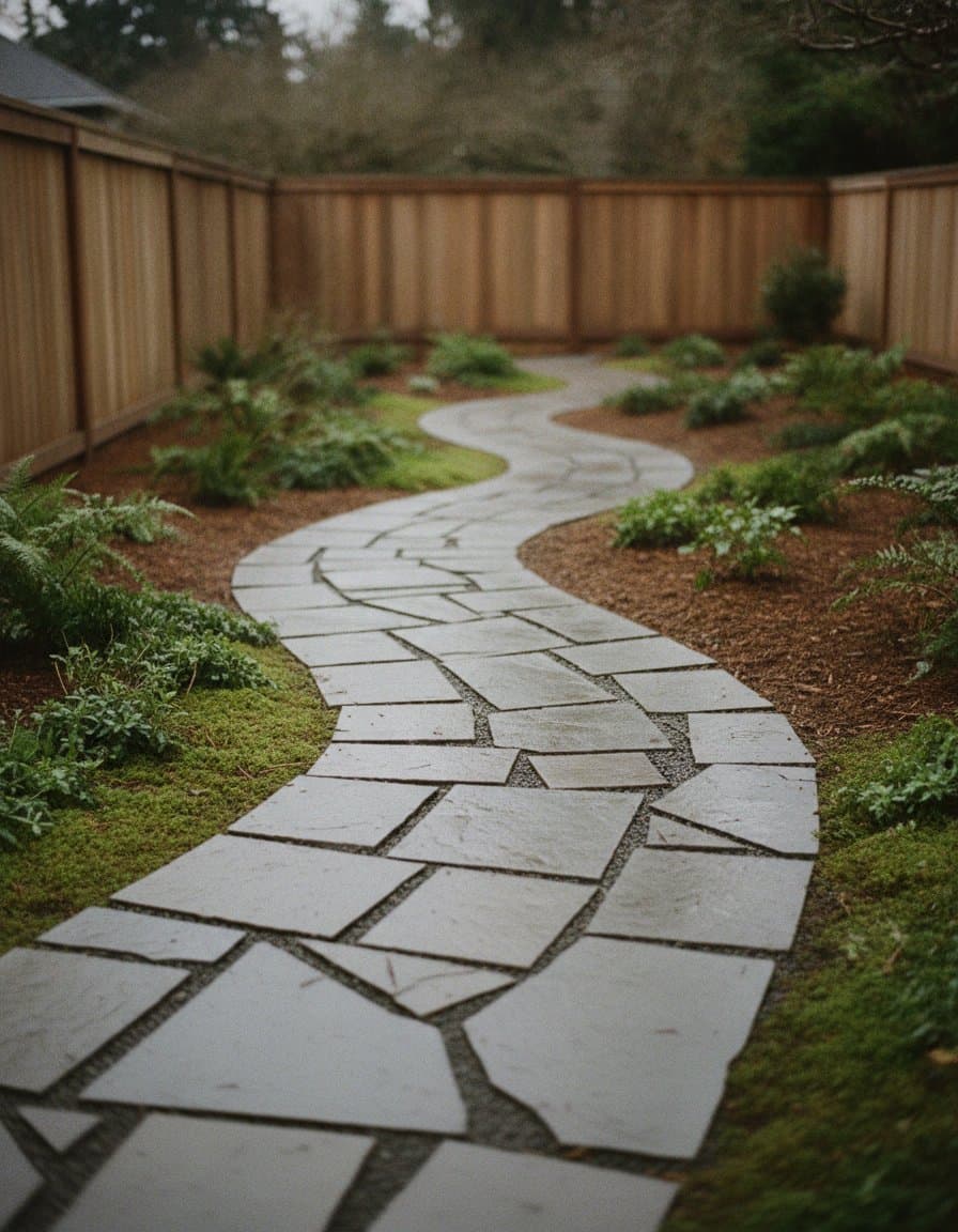 Dry-laid flagstone path, set and swept.