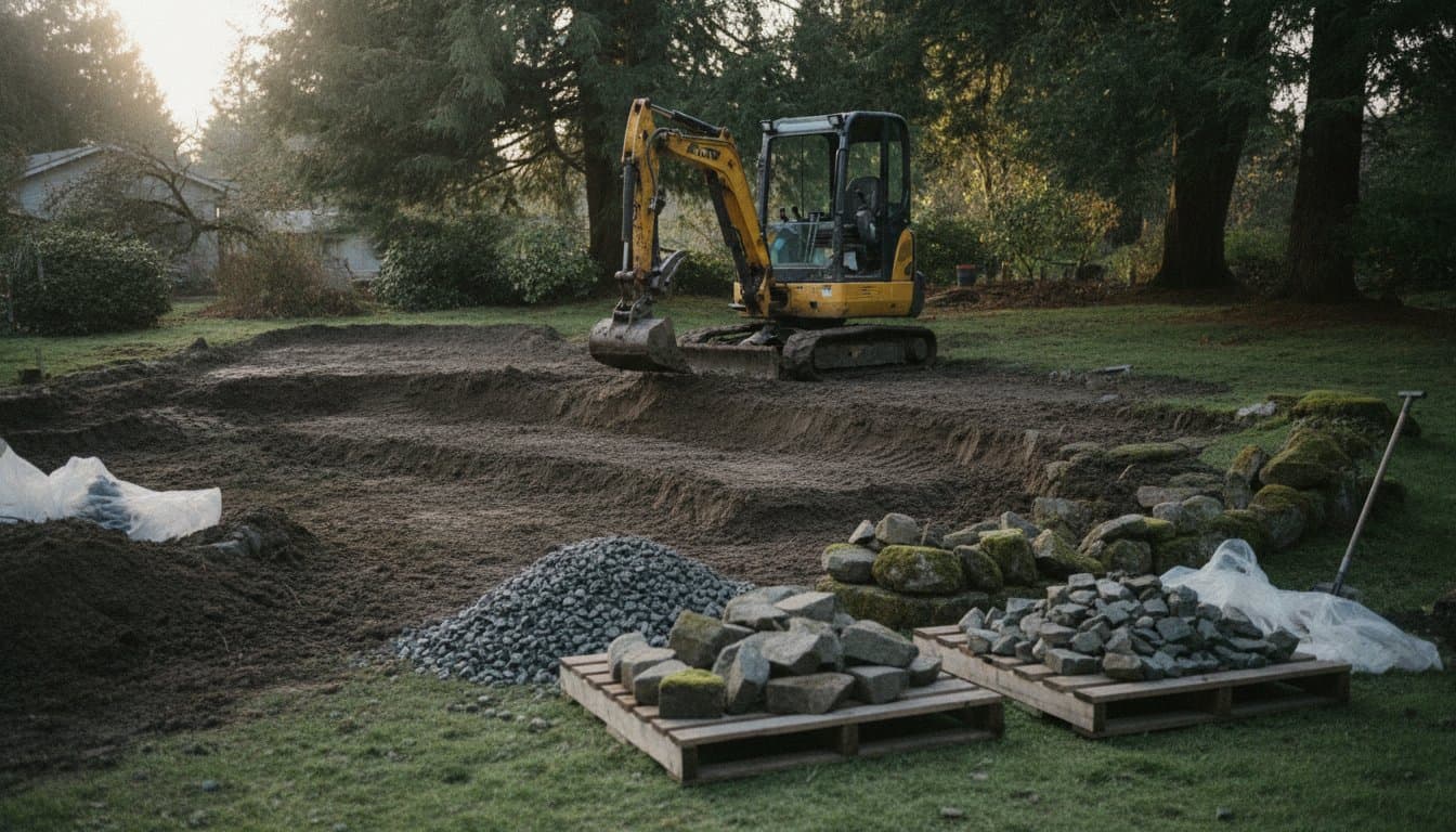 Excavator regrading a backyard at dawn